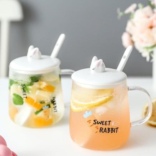 Cute Rabbit Glass Cup Heat-resistant Coffee Mug With Ceramic Lid&Spoon Home Milk Juice Cup Creative Drinking Glasses 470ml Gifts