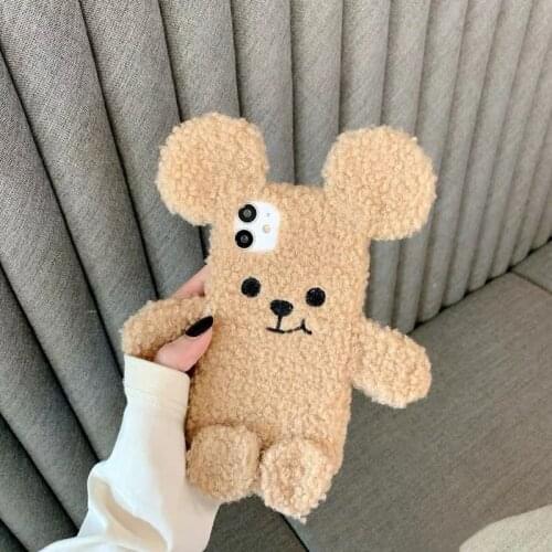 Cute Fluffy Sherpa Big Ear Bear Phone Case For iPhone XS 12 mini 11 Pro Max 7 8 Plus SE 2020 X XR Soft Warm Fuzzy Furry Covers
