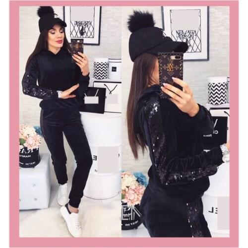 Fashion Sequin Tracksuit Winter Sweatshirts Pants Soft Casual Two Piece Sets Matching Club Outfits For Womens Girl Clothing