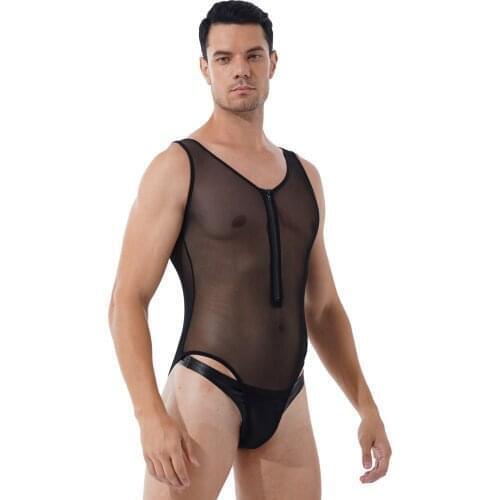 Men One-piece Transparent Mesh Lingerie Jumpsuit Sleeveless Zipper Leotard Bodysuit High Cut Slim Fit Catsuit Teddy Bodysuit