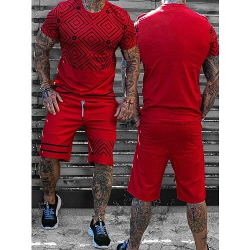 2021 Trendy T-shirt suit Triangle Diamond Pattern Mens Short-sleeved Suit Two Pieces Tracksuit Set Patchwork Stitching suit Men