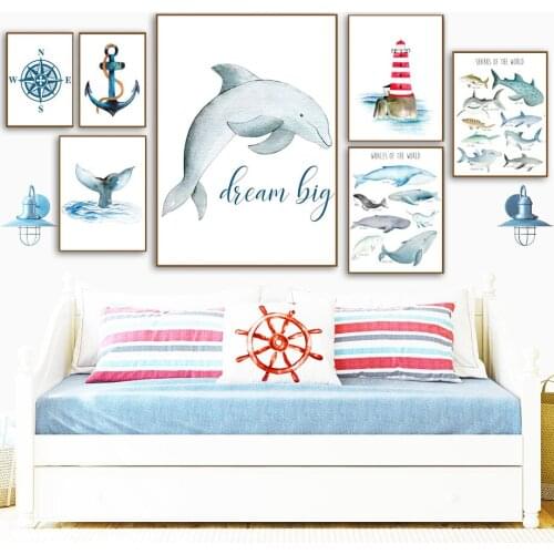 Whale Nautical Rudder Anchor Lighthouse Nursery Wall Art Canvas Painting Nordic Posters And Prints Wall Picture Kids Room Decor