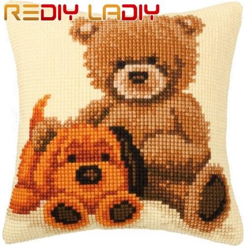 REDIY Cross Stitch Cushion Cover Bear Patterns Decorative Pillow Case Counted Cross-Stitch DMC Cushions for Sofas Throw Pillows