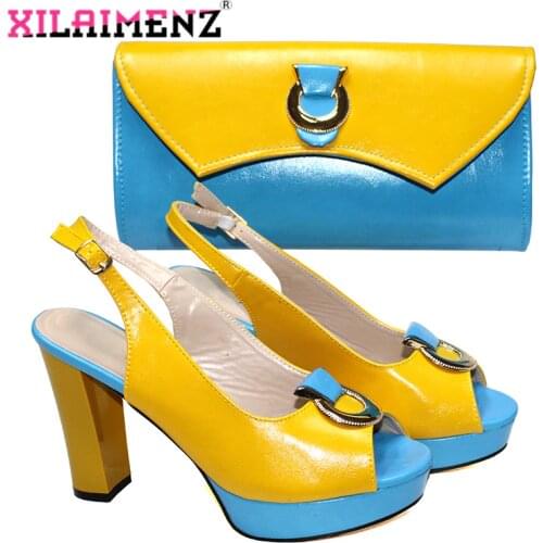 PU Leather Latest Nigerian Women Shoes and Bag to Match African Design in Yellow with Blue High Quality Platform Sandals