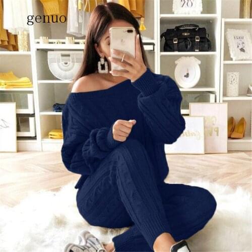 New Autumn Lady Tracksuit Two Piece Set Women Top And Pants Knitted Suit O Neck Knit Set Women Outwear Winter Sweatsuit