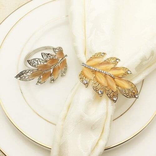 12pcs/lot New napkin ring metal leaf napkin ring diamond alloy napkin buckle cloth ring wedding table decoration
