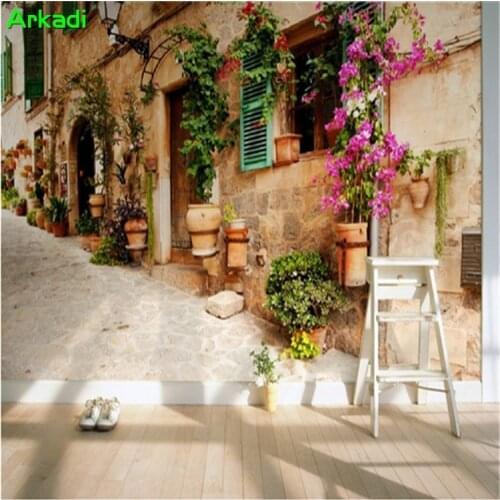 European pastoral town street wallpaper stereo fresco dining room living room TV wallpaper space extension custom wall covering