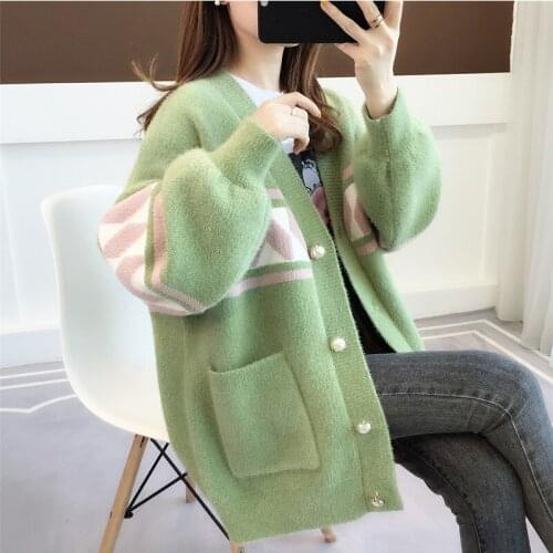 Thick Warm Knitted Sweater Cardigan Women Korean Casual Winter Knit Cardigan Female Elegant V Neck Loose Jumper Knitwear Jacket