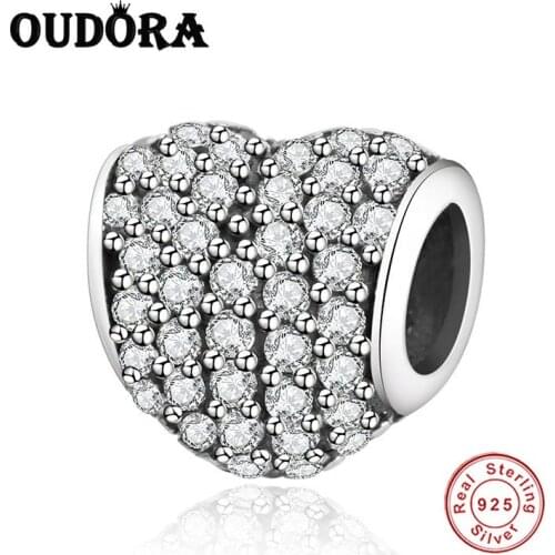 Fit Original Pandora Charms Bracelets 925 Sterling Silver Heart Charms Pave Clear Zircon Beads For Jewelry Making Women Berloque