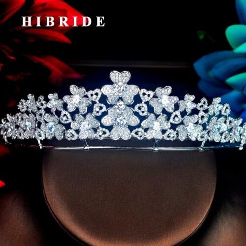 HIBRIDE Sparkilng Full Cubic Zircon Ribbon Bridal Headband Crown Hair Accessories Elegant Flower Design Women Tiara Jewelry C76