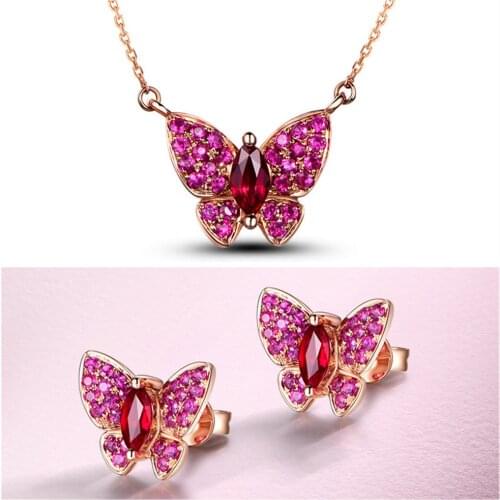 RUBY CRYSTAL BUTTERFLY NECKLACE STUD EARRINGS SET FOR WOMEN FEMME ROSE GOLD CHAIN ZIRCON DIAMOND WEDDING BRIDAL PARTY JEWELRY