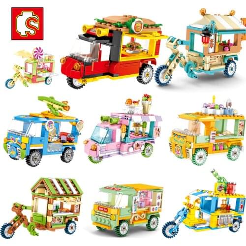 SEMBO MOC Mini Street View Sale Vehicle Dining Car Drinks Cake Van Assembling Building Block Kids Toys Children Birthday Gfit