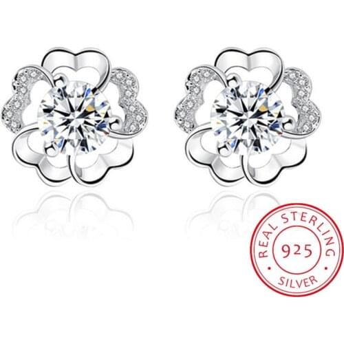 925 Sterling Silver Earrings For Women Plum Flower Zirconia Stud Earring Crystal Wedding Party Jewelry Gift