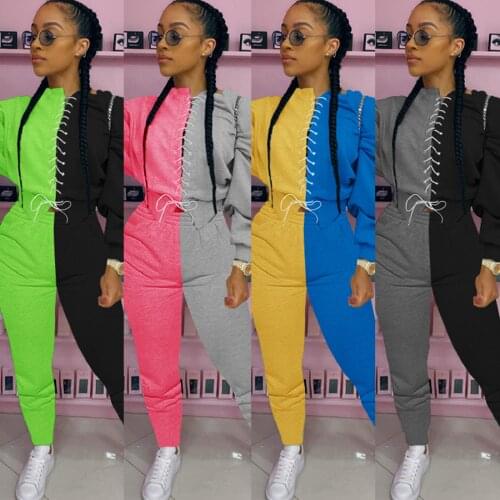 Sportwear Color Patchwork Womens Tracksuit Front Criss Cross Lace Up Sweatshirt Jogger Pants Two Piece Set Active Sweatsuit
