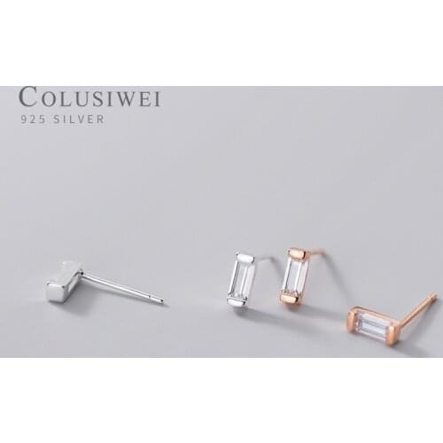 Colusiwei Real 925 Sterling Silver Cute Tiny Geometric Rectangle Zircon Stud Earring for Women Anti-Allergy Ear Pin Fine Jewelry