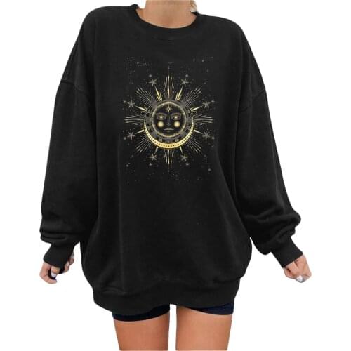 Women Sweatshirts Lovely Sun Printed Round Neck Hoodies Harajuku Blouse Autumn Oversized Fleece Long Sleeve Sweater Толстовка