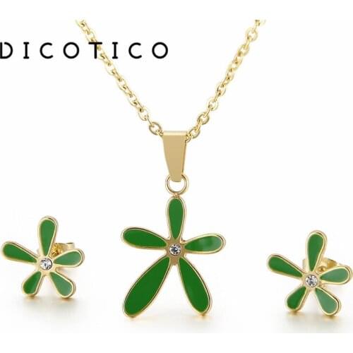 Creative Design Pendant Necklaces Studs Earrings Set Green Petal Chain Jewelry Sets Femme Stainless Steel Zircon Collar Choker