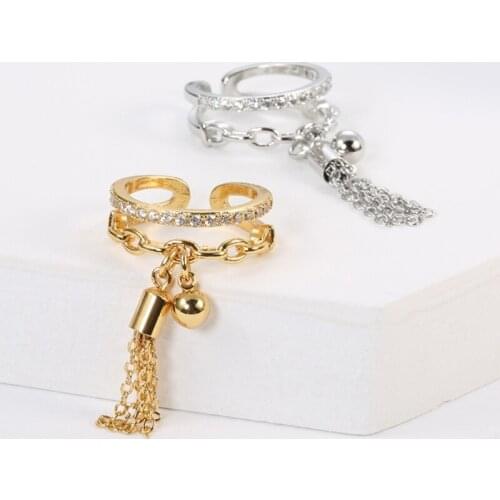 M2EA Link Chain Tassel Ring Zirconia with Spike Pendant Charm Finger Ring for Women Opening Adjustable Ring Jewelry Gifts