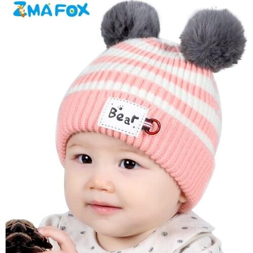 ZMAFOX lovely baby boys girls beanie hat fur pompoms ins children thicken hats kids toddler knitting beanies caps pom ear warmer