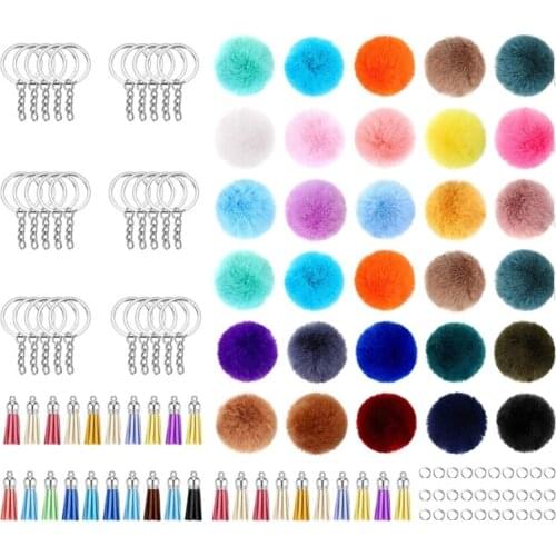 2021 New 30-piece Set Pom Pom Keychain Fluffy Faux Fur Pompoms Keychain with Tassels and Keyrings for Bag Charm Accessories