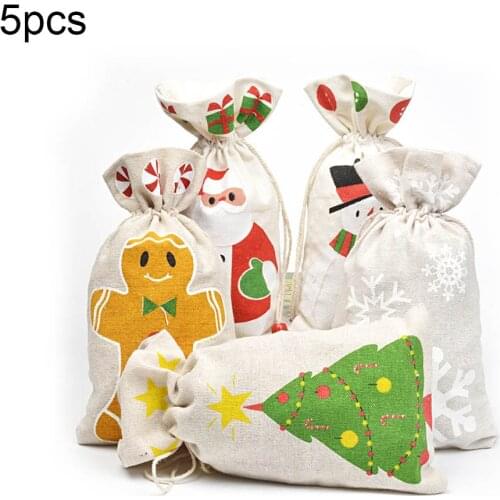 5pcs/set Christmas Gift Bag Santa Cotton Cloth Drawstring Bag Candy Jewelry Cookie Packaging Bag Party Festival Decoration
