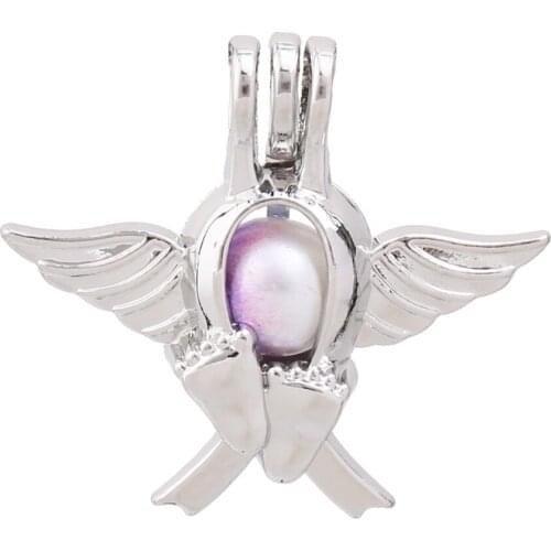 5pcs Silver Plated Wing Baby Footprint Pearl Cage Pendant Lava Bead Diffuser Lockets Necklace Charms for Perfume Essential Oil