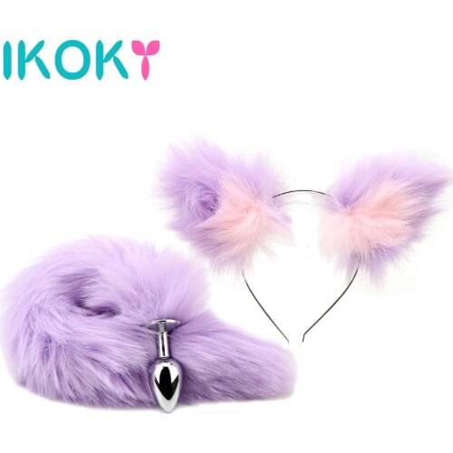 IKOKY Anal Plug Erotic Cosplay With Cat Ears Headbands Sex Toys For Women Men Couples Soft Fox Tail Metal Butt Plug Smooth Touch