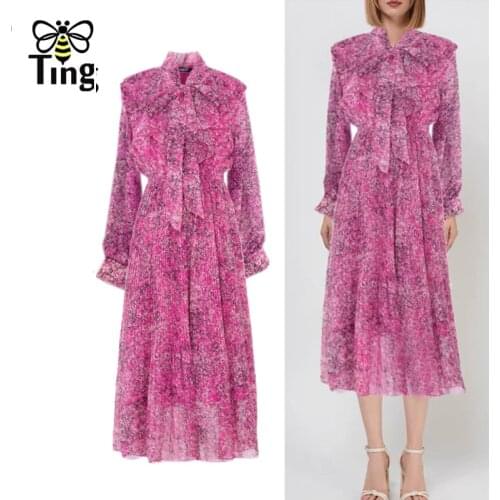 Tingfly Designer Vogue New Ruffles Fuchsia Print Pleated Midi Long Dress Women Flowy Casual Steet A Line Dress Aesthetic Elbise