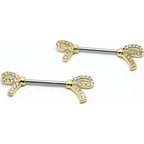 2PCS New Style Dangle Nipple Rings Gold Crystal Bow Women Sexy Nipple Rings Fashion Jewelry Stainless Steel Body Piercing