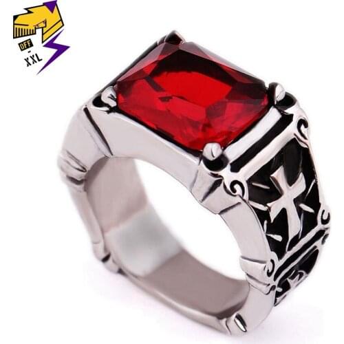 Male Stainless Steel Carved Cross Rings Antique Silver Rectangle Big Red Stone Ring Religious Punk Wedding Fashion Jewelry