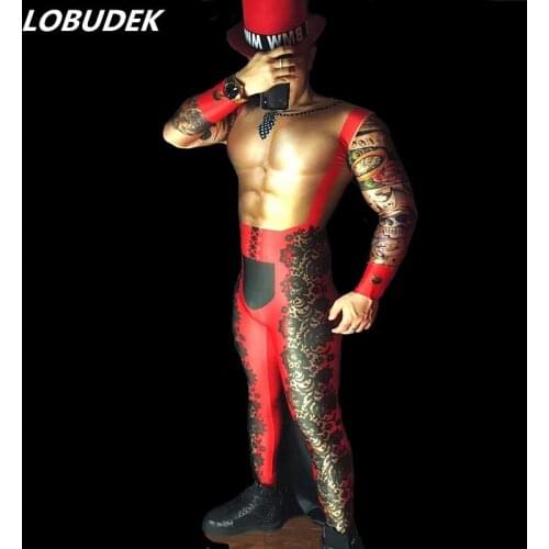 Male 3D False Muscle Lace Printing Elastic Skinny Jumpsuit Sexy Club Bar Pole Dance Performance Leotard DJ Singer Stage Costume