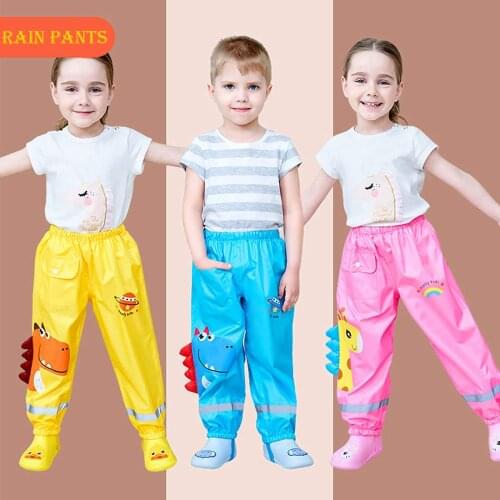 Toddler Rain Pants 2-12Y Baby Boys Girls Cute Cartoon Waterproof Pants Dinosaur Giraffe Mud Dirty Proof Trousers Kids Rainwear P