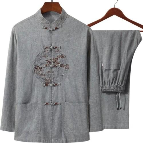 New (Long Sleeve Shirt+Pant) 2Pcs/Set High Quality Cotton Linen 4XL Men Kung Fu Tai Chi Suit l Gray ClassicWu Shu Clothing