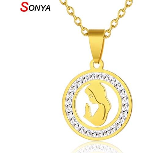 SONYA Crystal virgin mary necklace For Women Jewelry stainless steel Gold/Steel color Round Pendants & Necklaces Jewelry Gift
