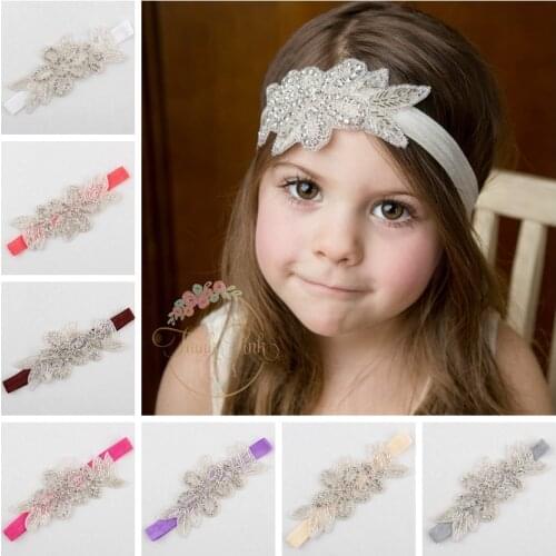 Yundfly Baby Girls Crystal Flower Hair Band Leaf Christening Bridal Elastic Headband Rhinestone Headwear Photography Props