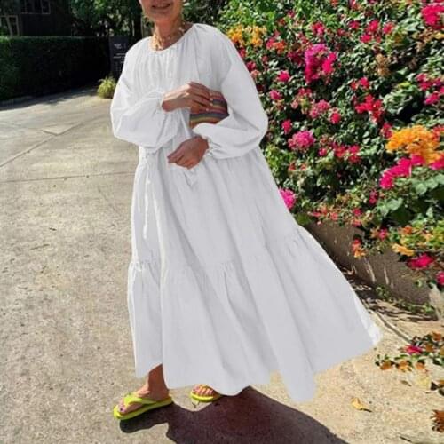 Holiday Pleated Dresses Casual Women Solid Dress Long Lantern Sleeve Maxi Dress Stylish Vestido VONDA Beach 2021 Long Dresses