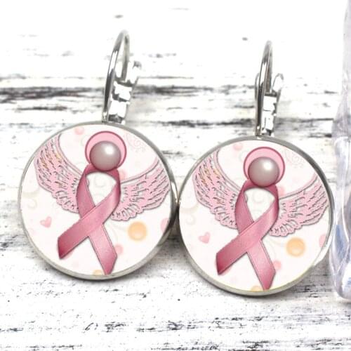 New Love Pink Ribbon Glass Round Ms. Earrings Laser Cut Memorial Ribbon Earrings Breast Cancer Bronze Earrings