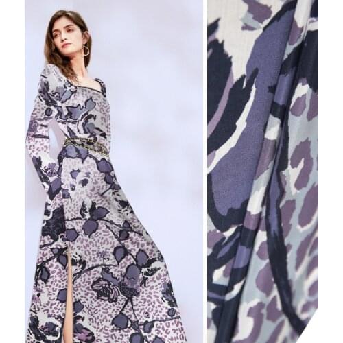 1 Meter Silk Printed Crepe De Chine Fabric, Blue Leopard Print 14mme