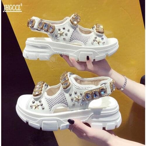 Rhinestone Chains Air Mesh Women Casual Shoes Round Toe Lace Up Runaway Outwear Black White Wedges Leisure Jewel Shoes Woman A35