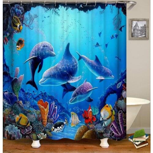 Custom Ocean Dolphin Shower Curtain for Kids Adults Bathroom Curtain with Hooks Blue Ocean Underwater Fish Coral Reef Decoratio