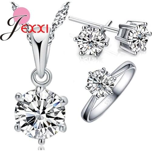 Womans Birthday Gift Fashion 925 Sterling Silver Crystal Wedding Jewelry Set Necklace Ring Earring 3 pcs/set