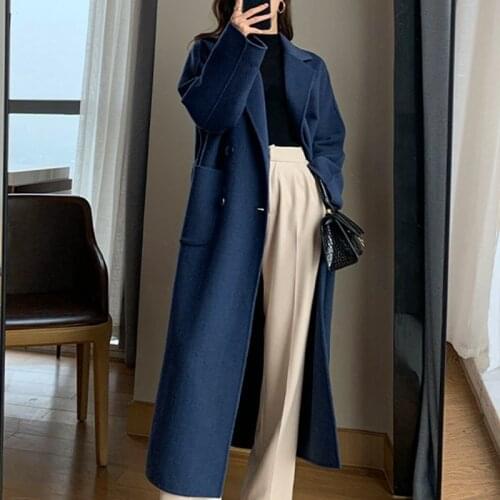Bella Philosophy Women Outerwear Autumn Winter Warm Woolen Blends Coat Female Long Elegant Double Breasted Navy Blue Wool Jacket