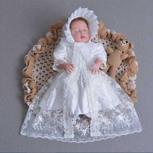 3PCs per Set Baby Girl Baptism Dress White Infant Girl Christening Gown Lace Embroidered Cape Hat 0-24Months