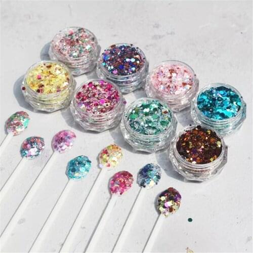 8Jars/Set Holographic Hexagon Nail Glitters Powders Decorations Nail Sequins Laser Chunky Nails Korea Accessories Glitter Kit Q9