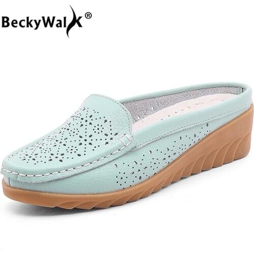 BeckyWalk 2021 Spring Fashion Cut-outs Women Shoes Summer Closed Toe Wedge Sandals Cow Leather Lady Slippers Shoes Woman WSH2749