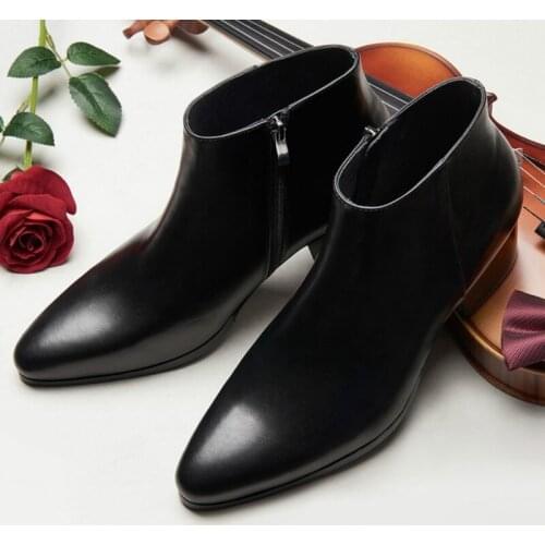 2020 Winter Men Winter Genuine Cow Leather Chelsea Boots Zipper 5cm Thick Heel Handsome Brogue Casual Ankle Shoes Dress Boots