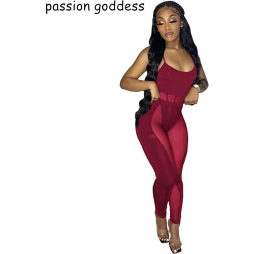 Summer Sexy Skinny Two Piece Set Women Outfits Spaghetti Strap See Through Mesh Bodycon Bodysuit Top and Long Pencil Pants Suits