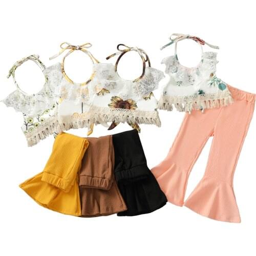 Citgeett Summer Kids Girls Clothes Set Floral Print Sleeveless Cropped Tops Lace + Solid Color Flared Trousers Clothing