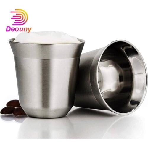 DEOUNY Stainless Steel Espresso Cup Double Wall Insulated Demitasse 2.7oz Rustproof Travel Metal Cups Glass Stackable Coffee Mug
