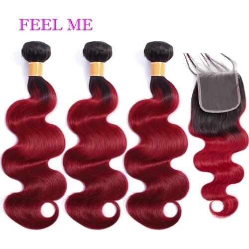 FeelMe Body Wave 3/4 Bundles With Closure 1b burgundy Ombre Peruvian Human Hair Bundles With Lace Closure 4x4inch Remy Hair